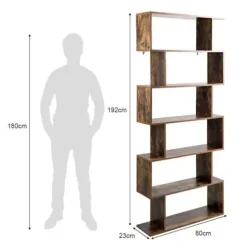 COSTWAY Industriel Bibliotek med 6 Niveauer 80 x 23 x 192 CM, S-formet Opbevaringshylde med Skridsikre Fødder, Brun