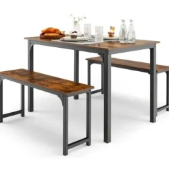 COSTWAY Industrielt spisebord og 2 bænkesæt, 4-6 personer, bord L 110 x B 70 x H 75 cm, Metalstel