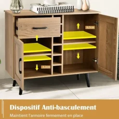 COSTWAY Industrisk Buffet med 6 Flaskestativer, 2 Døres Skab, til Spisestue, Stue, Køkken, 90 x 40 x 79 cm Naturlig