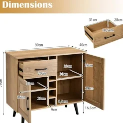 COSTWAY Industrisk Buffet med 6 Flaskestativer, 2 Døres Skab, til Spisestue, Stue, Køkken, 90 x 40 x 79 cm Naturlig
