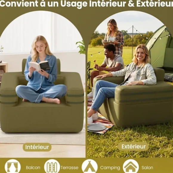 COSTWAY Indvendig og Udvendig 1-Persons Oxford Stof Oppustelig Sofa med Pumpe og Opbevaringslomme