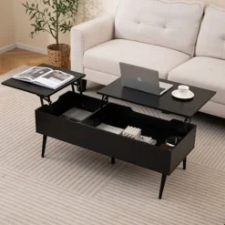 COSTWAY Justerbart Sofabord 40-53,5 cm, 2 Skjul Compartimenter, Metalben, Sort Sofabord Svart
