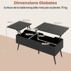 COSTWAY Justerbart Sofabord 40-53,5 cm, 2 Skjul Compartimenter, Metalben, Sort Sofabord Svart