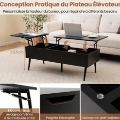COSTWAY Justerbart Sofabord 40-53,5 cm, 2 Skjul Compartimenter, Metalben, Sort Sofabord Svart