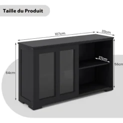 COSTWAY Køkken Skænk Kommode Køkken Opbevaringsenhed L106,5 cm – Sort MDF 2 hylder med 2 glasskydedøre