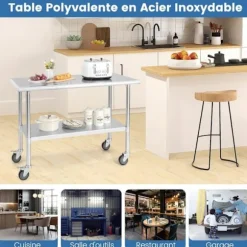 COSTWAY Køkkenbord i Rustfrit Stål med Låsebare Hjul 122x61x90cm Justerbare Nederste Hylder Arbejdsflade