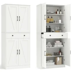 COSTWAY Køkkenbuffet 183 cm, 4 Døre, Skuffe, 3 Justerbare Hylder, 2 Antiktip Kits, til Stue Spisestue, Hvid Vit