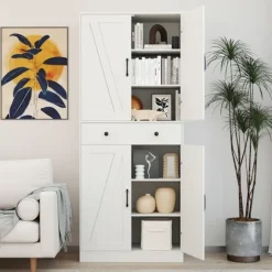 COSTWAY Køkkenbuffet 183 cm, 4 Døre, Skuffe, 3 Justerbare Hylder, 2 Antiktip Kits, til Stue Spisestue, Hvid Vit
