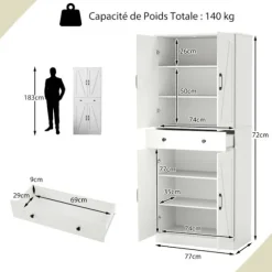 COSTWAY Køkkenbuffet 183 cm, 4 Døre, Skuffe, 3 Justerbare Hylder, 2 Antiktip Kits, til Stue Spisestue, Hvid Vit