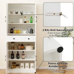 COSTWAY Køkkenbuffet 183 cm, 4 Døre, Skuffe, 3 Justerbare Hylder, 2 Antiktip Kits, til Stue Spisestue, Hvid Vit