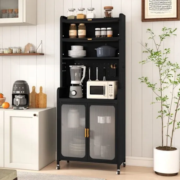 COSTWAY Køkkenbuffet 192 CM med hjul, Stor arbejdsflade, Justerbar hylde, Perforeret panel, til Spisestue Stue Svart