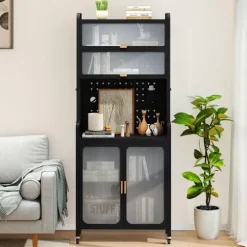 COSTWAY Køkkenbuffet 192 CM med hjul, Stor arbejdsflade, Justerbar hylde, Perforeret panel, til Spisestue Stue Svart