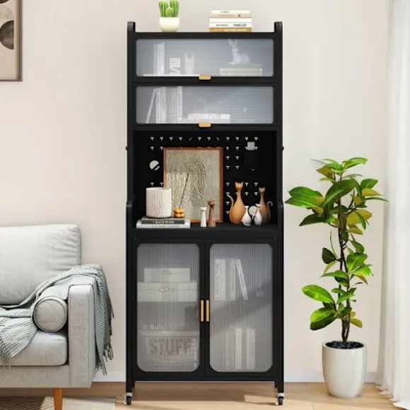 COSTWAY Køkkenbuffet 192 CM med hjul, Stor arbejdsflade, Justerbar hylde, Perforeret panel, til Spisestue Stue Svart