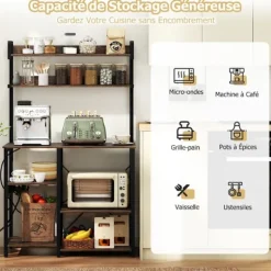 COSTWAY Køkkenbuffet med 5 Niveauer og LED-belysning, Opladningsstation, Opbevaringsmøbel til Mikroovn til Spisestue Rustik brun