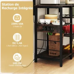 COSTWAY Køkkenbuffet med 5 Niveauer og LED-belysning, Opladningsstation, Opbevaringsmøbel til Mikroovn til Spisestue Rustik brun