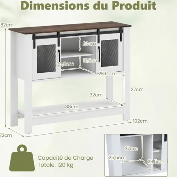 COSTWAY Køkkenbuffet med 2 Døre, 2 Rum, Justerbare Åbne Hylder, til Spisestue, Stue, 102 x 32 x 81 cm Hvid