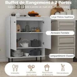 COSTWAY Køkkenbuffet med 2 Døre, Justerbar Hylde, Antiskrid Kit, Opbevaringsmøbel til Spisestue Stue, Hvid Vit