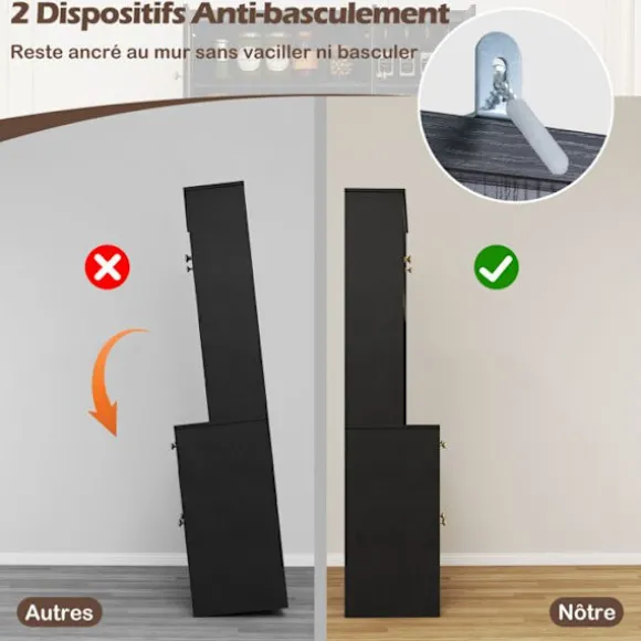 COSTWAY Køkkenbuffet, Opladningsstation, 6 Rattan Døre, 2 Skuffer, 4 Justerbare Hylder, til Stue Spisestue, Sort Svart