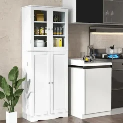 COSTWAY køkkenskænk med 2 glasdøre og 2 multiopbevaringsdøre, til stue, køkken, entré, 60 x 31,5 x 161,5 cm, hvid
