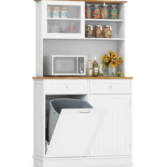COSTWAY køkkenskænk med 45L skjult vippespand, bordplade af gummitræ, justerbare hylder, 100 x 34 x 172 cm Vitt och naturligt