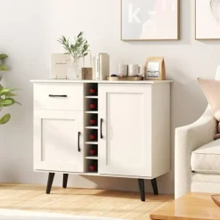 COSTWAY køkkenskænk med vinreol til 6 flasker, 1 skuffe, 2 låger, 2 justerbare hylder, 90 x 40 x 79 cm, hvid Vit