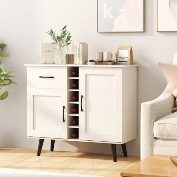 COSTWAY køkkenskænk med vinreol til 6 flasker, 1 skuffe, 2 låger, 2 justerbare hylder, 90 x 40 x 79 cm, hvid Vit