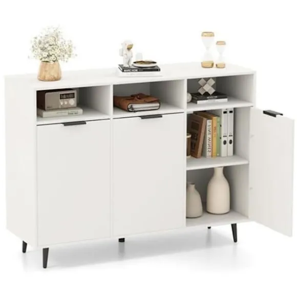 COSTWAY køkkenskænk 120x40x90 cm, justerbare hylder i 5 positioner, 3 åbne rum, 3 døre, kaffebarmøbler Vit