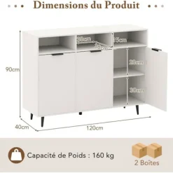 COSTWAY køkkenskænk 120x40x90 cm, justerbare hylder i 5 positioner, 3 åbne rum, 3 døre, kaffebarmøbler Vit