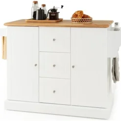 COSTWAY køkkenvogn - 5 skjulte hjul - 127x46x91,5 cm - Central køkkenø - dør, skuffer, håndklædestativ, krydderihylde Vit