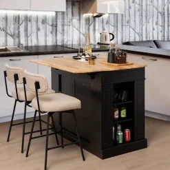 COSTWAY Køkkenvogn Central Køkkenø - Sammenklappelige bordplader, skuffer, 2 låger, justerbar hylde - sort