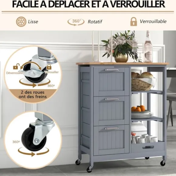 COSTWAY Køkkenvogn med Låsebare Hjul, Aftagelig Plade i Gummitræ, 2 Aftagelige Hylder, 3 Skuffer, Grå
