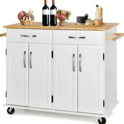COSTWAY Køkkenvogn på hjul - 2 skuffer, 2 dobbeltdørsskabe, justerbare hylder - Kitchen Island Trolley - Hvid Vit