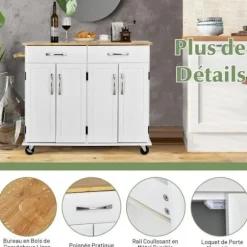 COSTWAY Køkkenvogn på hjul - 2 skuffer, 2 dobbeltdørsskabe, justerbare hylder - Kitchen Island Trolley - Hvid Vit