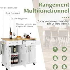 COSTWAY Køkkenvogn på hjul - 2 skuffer, 2 dobbeltdørsskabe, justerbare hylder - Kitchen Island Trolley - Hvid Vit