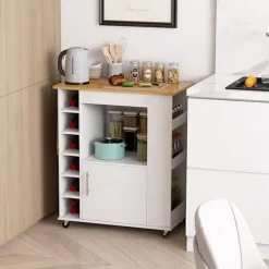 COSTWAY køkkenvogn på hjul - 6 flaske vinreol, krydderestativ, dør - Kitchen Island vogn - hvid Vit