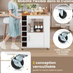 COSTWAY køkkenvogn på hjul - 6 flaske vinreol, krydderestativ, dør - Kitchen Island vogn - hvid Vit