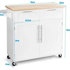 COSTWAY Køkkenvogn/Trolley på hjul - 94x45x94,5 CM - 2 skuffer - 2 låger - Håndklædestativ - Køkkenø - Hvid
