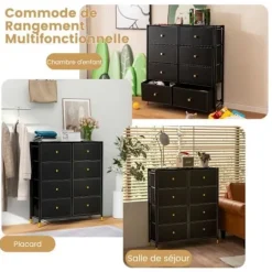 COSTWAY kommode - 8 foldbare stofskuffer, træhåndtag, metalramme, justerbare fødder - stue, soveværelse