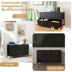 COSTWAY kommode - 5 foldbare stofskuffer, træhåndtag, metalramme, justerbare fødder - stue, soveværelse
