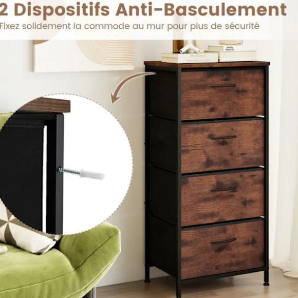 COSTWAY Kommode 4 Skuffer i Stof, Trætop, Metalhåndtag og -ramme, til Stue, Kontor, Skab, Rustik Brun+Sort Rustik kastanjebrun + svart