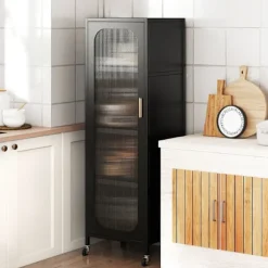 COSTWAY Kommode med 5 Niveaus med Mørkt Stribet Tempereret Glasfront, Justerbare Hylder, til Spisestue, Badeværelse, Stue Sort