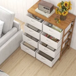 COSTWAY Kommode med 8 Skuffer i Stof med Bambusramme, Aftagelige Stofkasser, til Skab, Stue, Entré 80 x 40 x 94 cm Beige