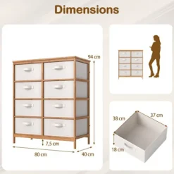 COSTWAY Kommode med 8 Skuffer i Stof med Bambusramme, Aftagelige Stofkasser, til Skab, Stue, Entré 80 x 40 x 94 cm Beige