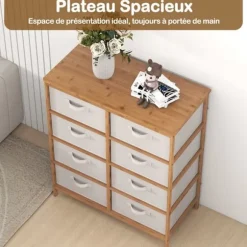 COSTWAY Kommode med 8 Skuffer i Stof med Bambusramme, Aftagelige Stofkasser, til Skab, Stue, Entré 80 x 40 x 94 cm Beige