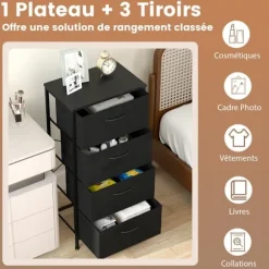COSTWAY Kommode med 4 Skuffer i Stof, Top i Træ, Håndtag og Ramme i Metal, til Stue, Kontor, Garderobe, Sort Svart