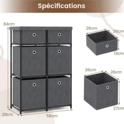 COSTWAY Kommode med 6 Skuffer i Stof med Metalramme og Foldbare Stofkasser, til Stue, Entre, 58 x 29 x 84 cm Grå
