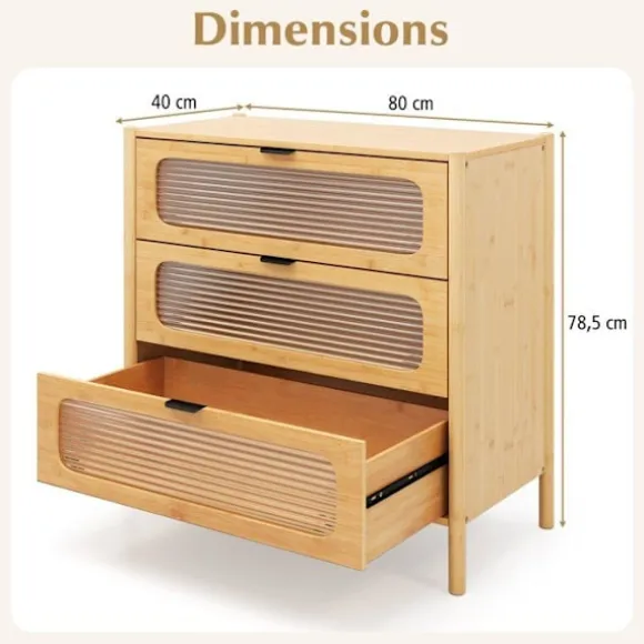 COSTWAY Kommode med 3 Skuffer med Stribet Tempereret Glasfront, Bambus til Stue, Værelse, Kontor, Naturlig, 80 x 40 x 78,5 cm Natur