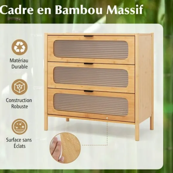 COSTWAY Kommode med 3 Skuffer med Stribet Tempereret Glasfront, Bambus til Stue, Værelse, Kontor, Naturlig, 80 x 40 x 78,5 cm Natur