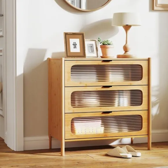 COSTWAY Kommode med 3 Skuffer med Stribet Tempereret Glasfront, Bambus til Stue, Værelse, Kontor, Naturlig, 80 x 40 x 78,5 cm Natur