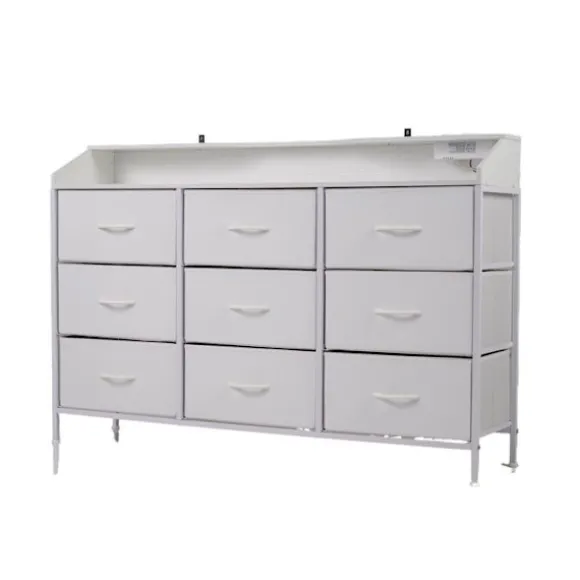 COSTWAY Kommode med 9 Skuffer i Stof med LED-lys, Opladningsstation, Metalramme, til Skab, Stue, Entré Hvid Hvid